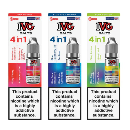 IVG 4 IN 1 NIC SALTS - 4 X 10ML BOTTLES 50VG/50PG VAPE 10MG/20MG IVG 4 IN 1 NIC SALTS - 4 X 10ML BOTTLES 50VG/50PG VAPE 10MG/20MG