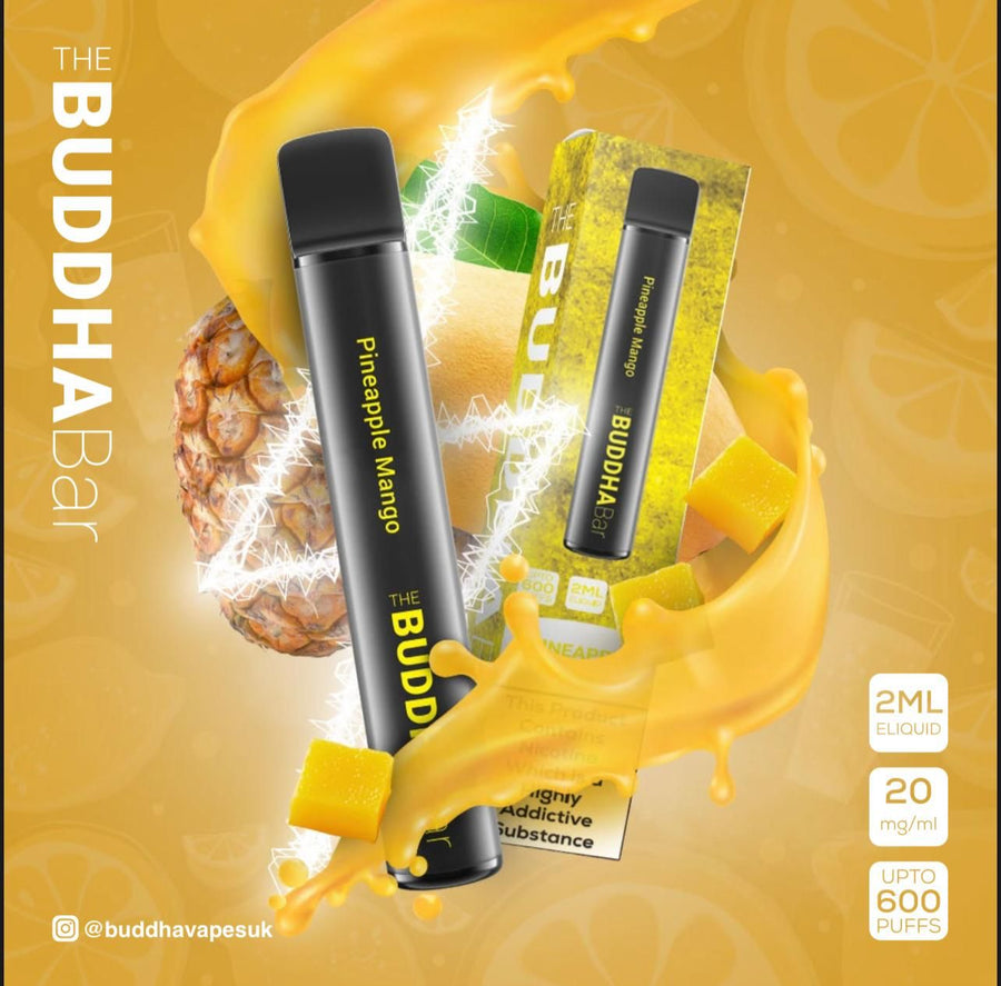 pineapple-mango-buddha-bar-disposable-vape-pen-pod-device-20mg-nic-nicotine-salt-2ml-e-liquid-600-puffs