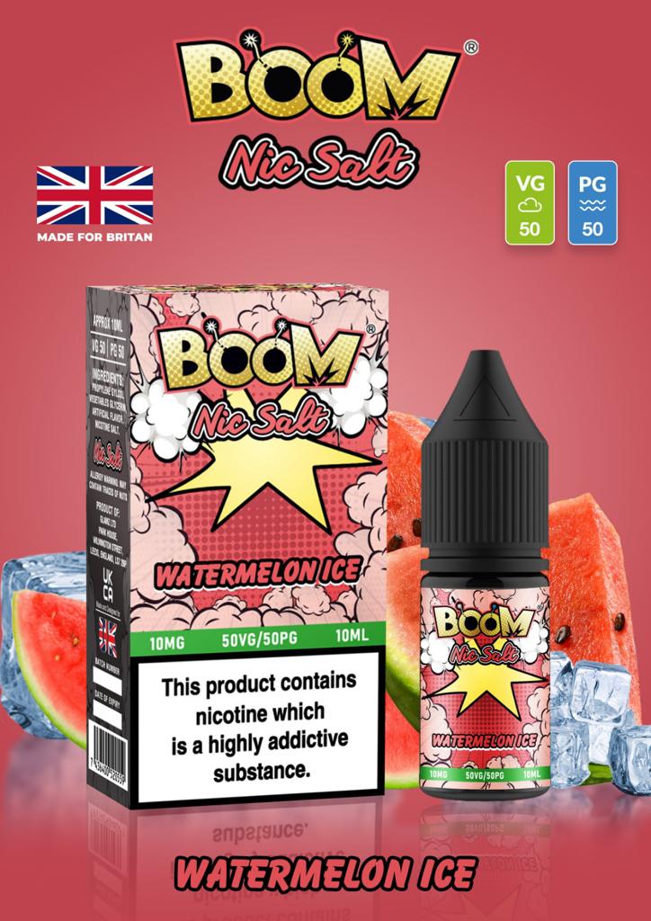 Watermelon Ice - Boom Nic Salt 5 x 10ML E Liquid 50VG 50PG Vape 10MG/20MG Juice