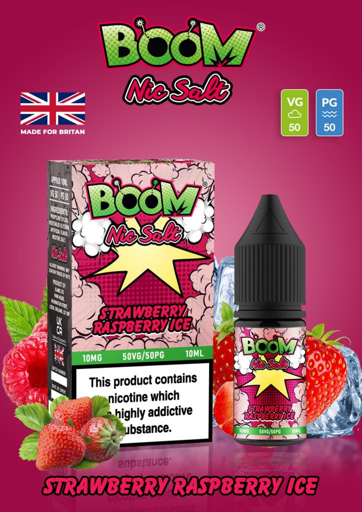 Strawberry Raspberry Ice - Boom Nic Salt 5 x 10ML E Liquid 50VG 50PG Vape 10MG/20MG Juice